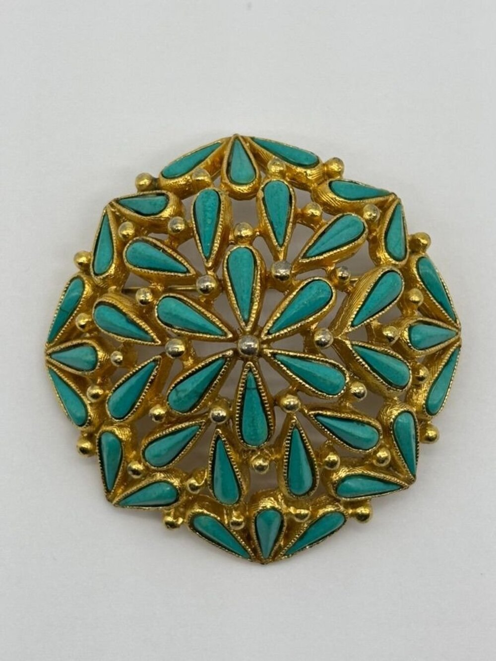 Vintage B.S.K. Domed Brooch in Gold-Tone Metal With Faux Turquoise Large, Signed